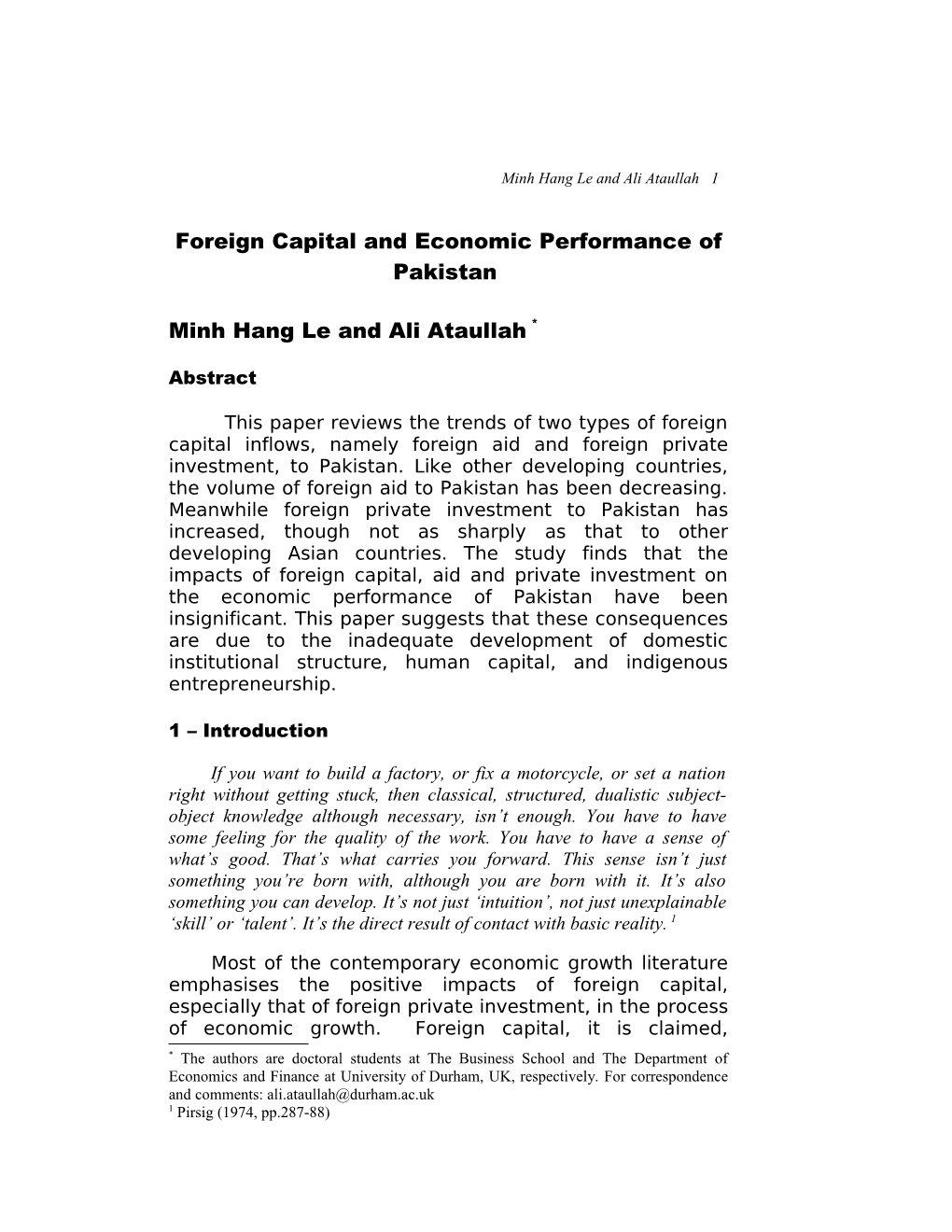 Foreign Capital and Economic Performance of Pakistan