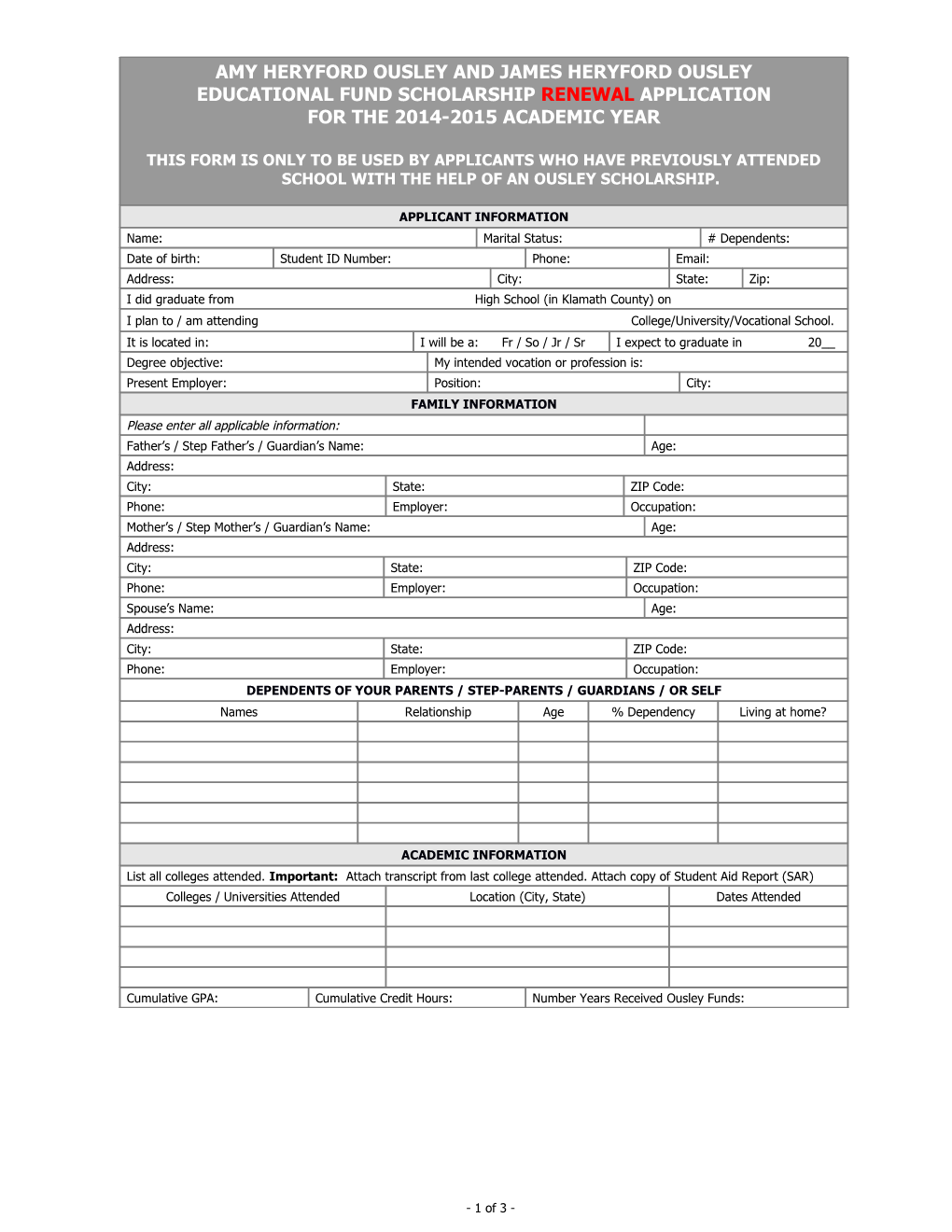 Ousley Scholarship Renewal Application