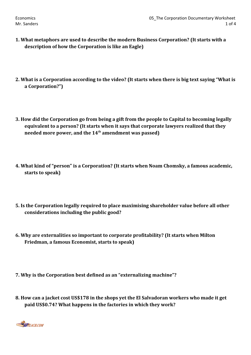 Economics 05 the Corporation Documentary Worksheet