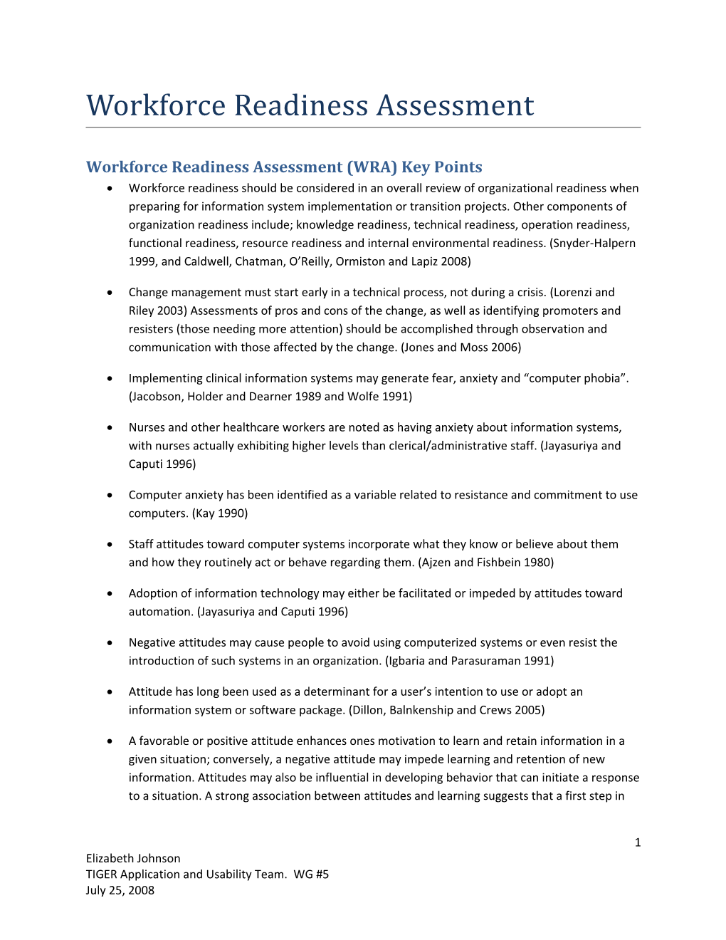 Workforce Readiness Assessment (WRA) Key Points