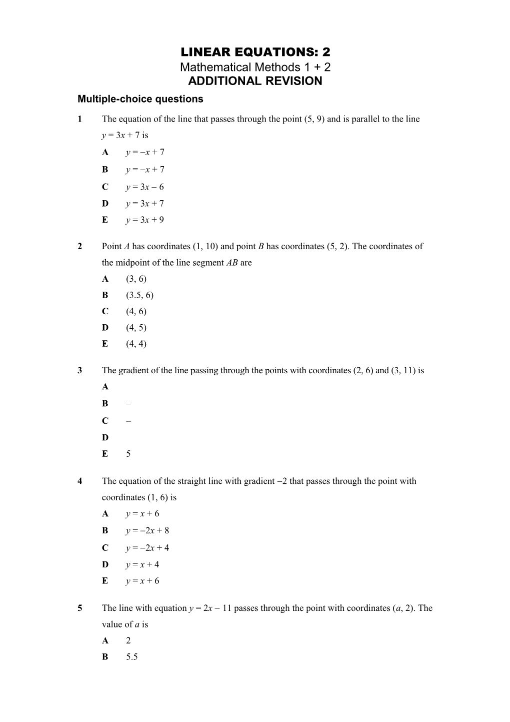 Linera Equations Multiple-Choice Questions