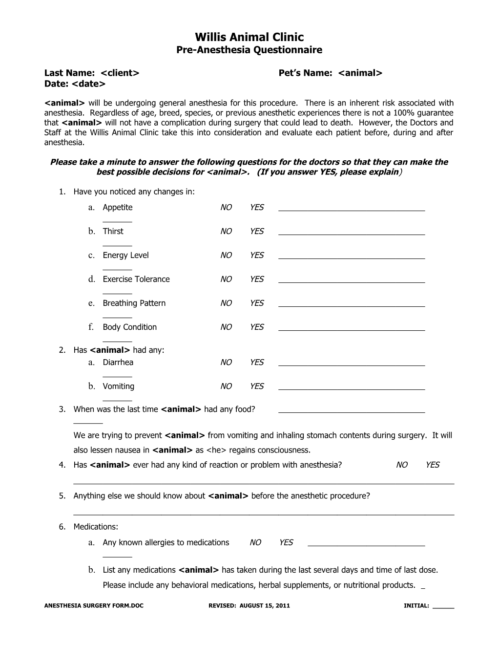 Pre-Anesthesia Questionnaire