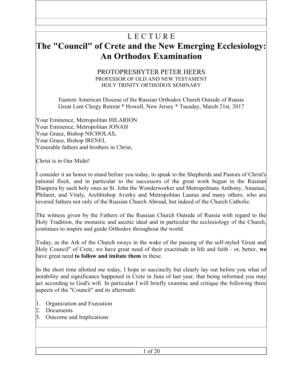 The Council of Crete and the New Emerging Ecclesiology: an Orthodox Examination