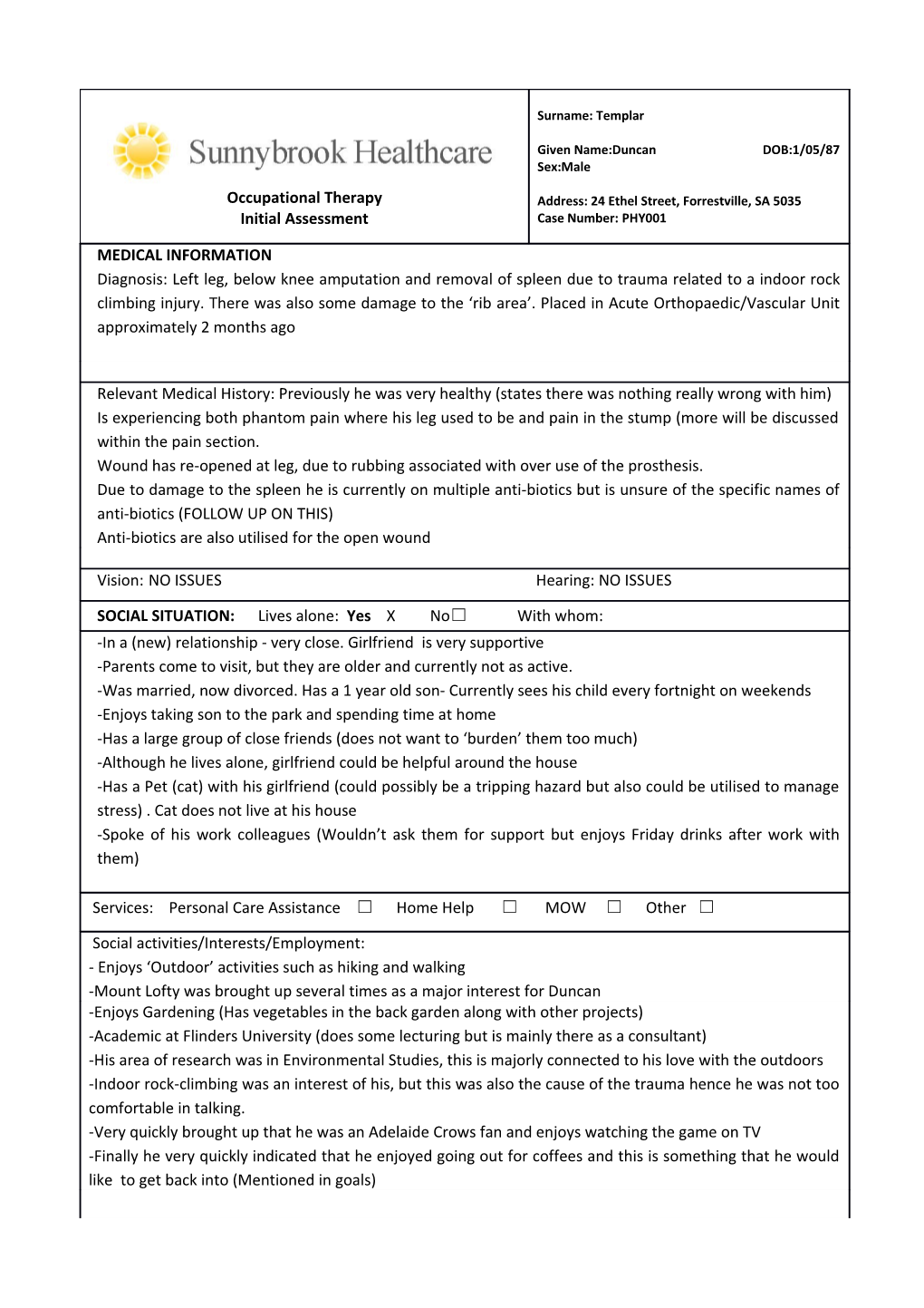 Occupational Therapy Initial Assessment