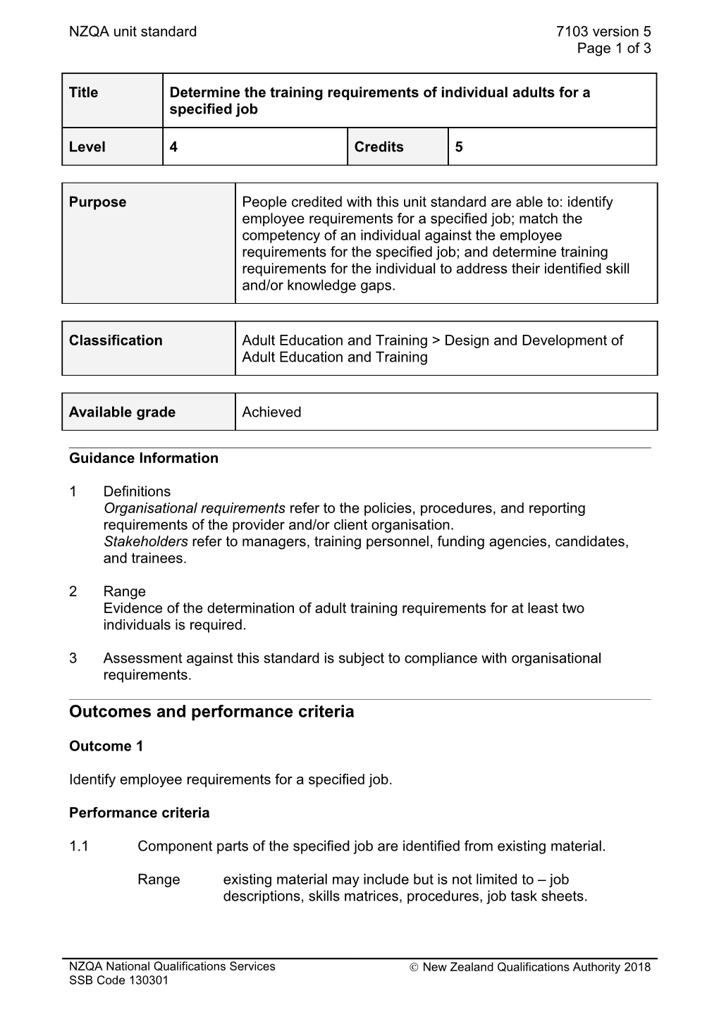 7103 Determine the Training Requirements of Individual Adults for a Specified Job