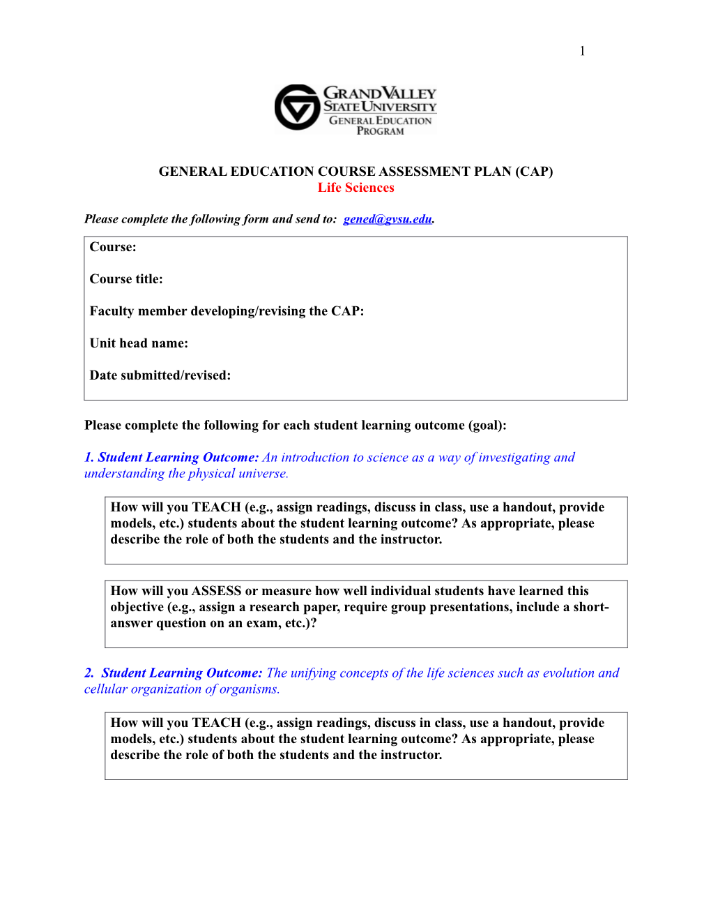 General Education Course Assessment Plan (Cap)