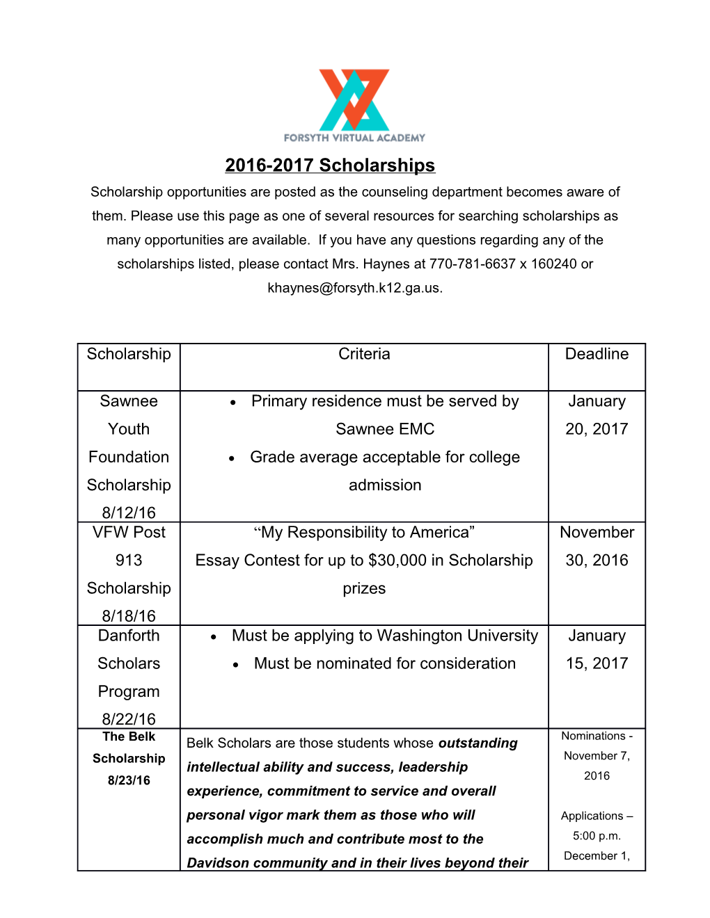 2016-2017 Scholarships Scholarship Opportunities Are Posted As the Counseling Department