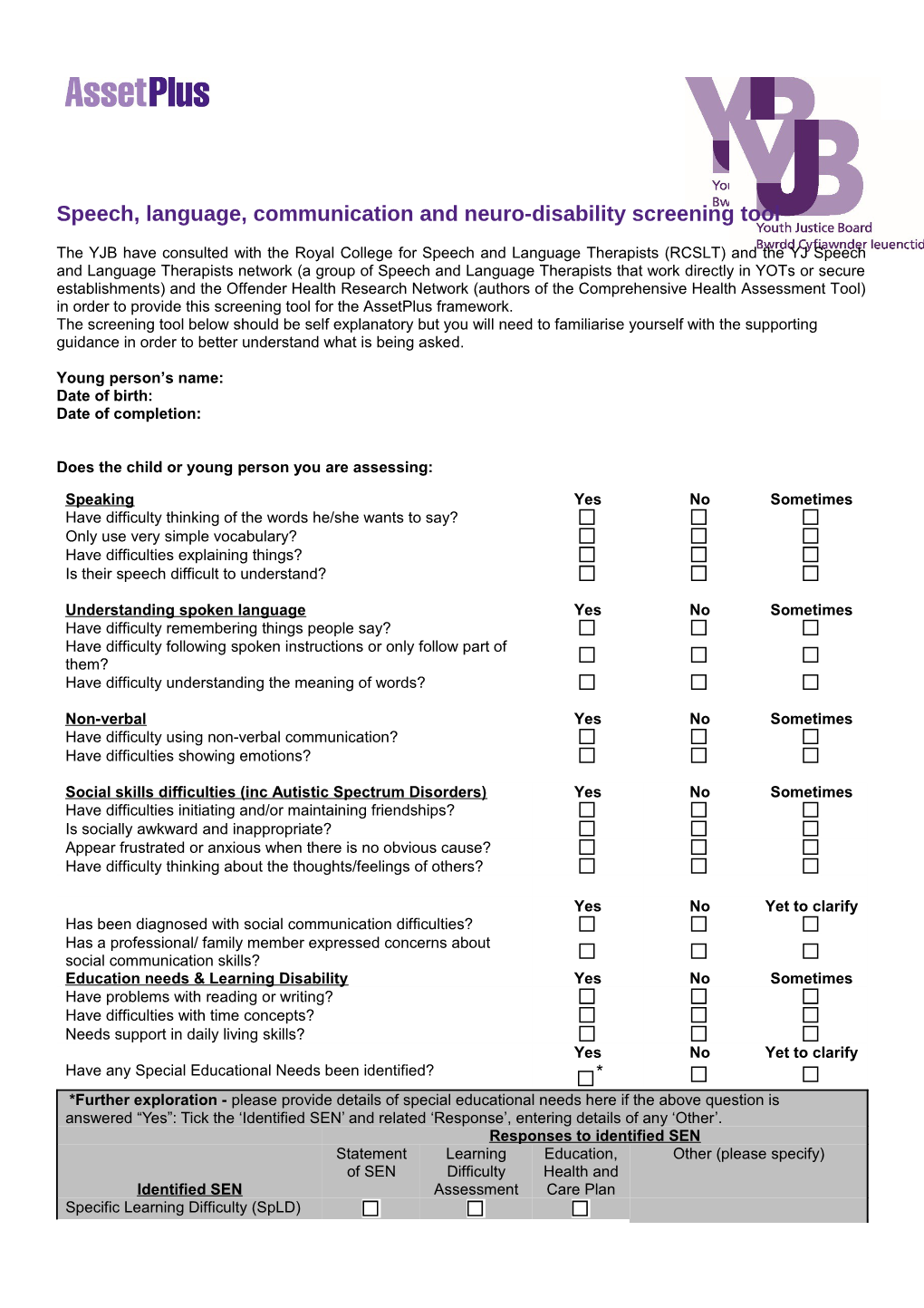Speech, Language, Communication and Neuro-Disability Screening Tool