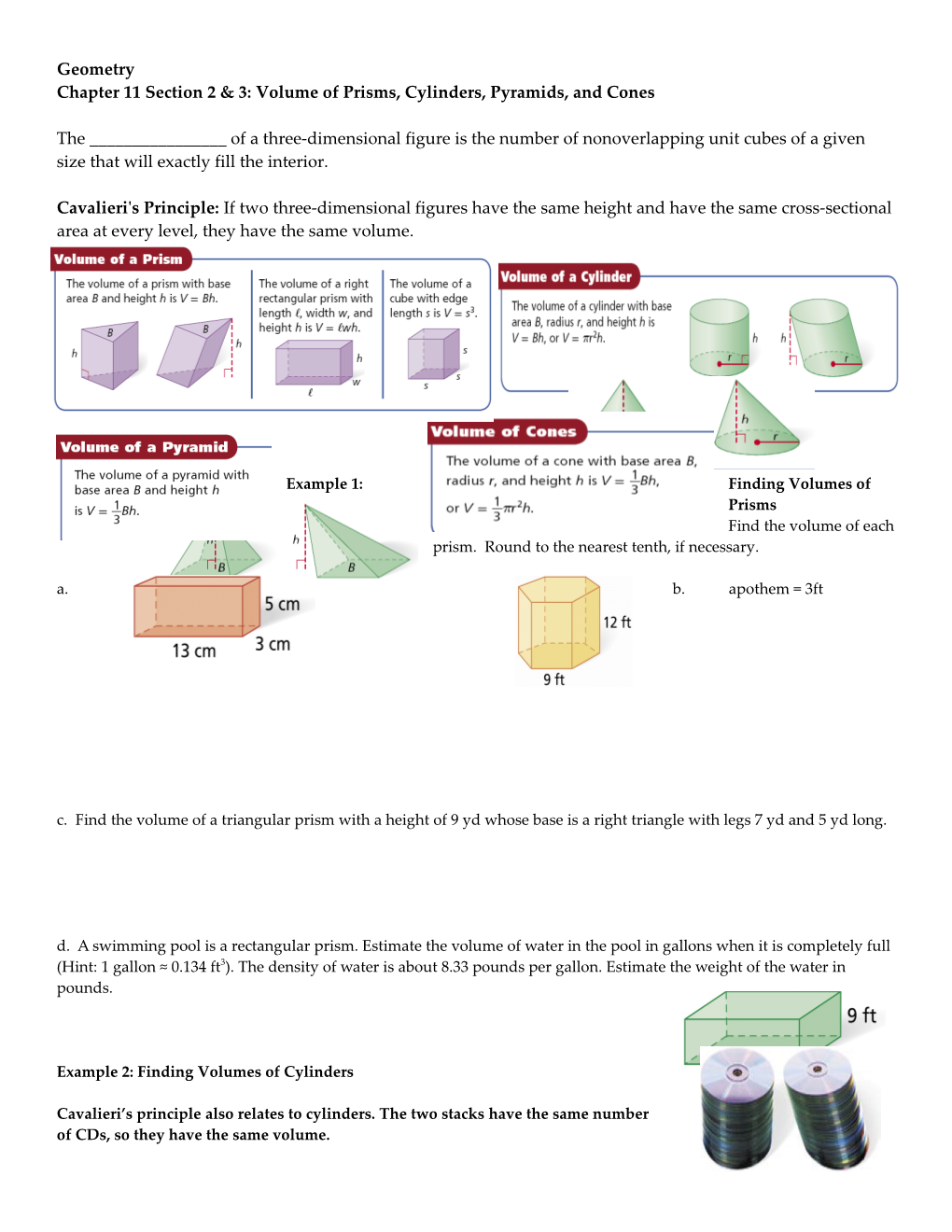 Chapter 11Section 2 & 3: Volume of Prisms, Cylinders, Pyramids, and Cones