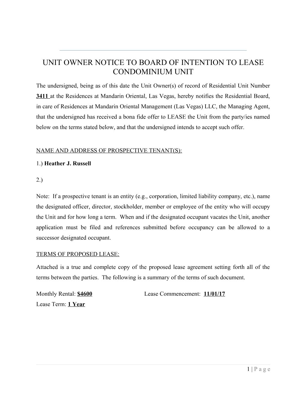 Unit Owner Notice to Board of Intention to Lease Condominium Unit