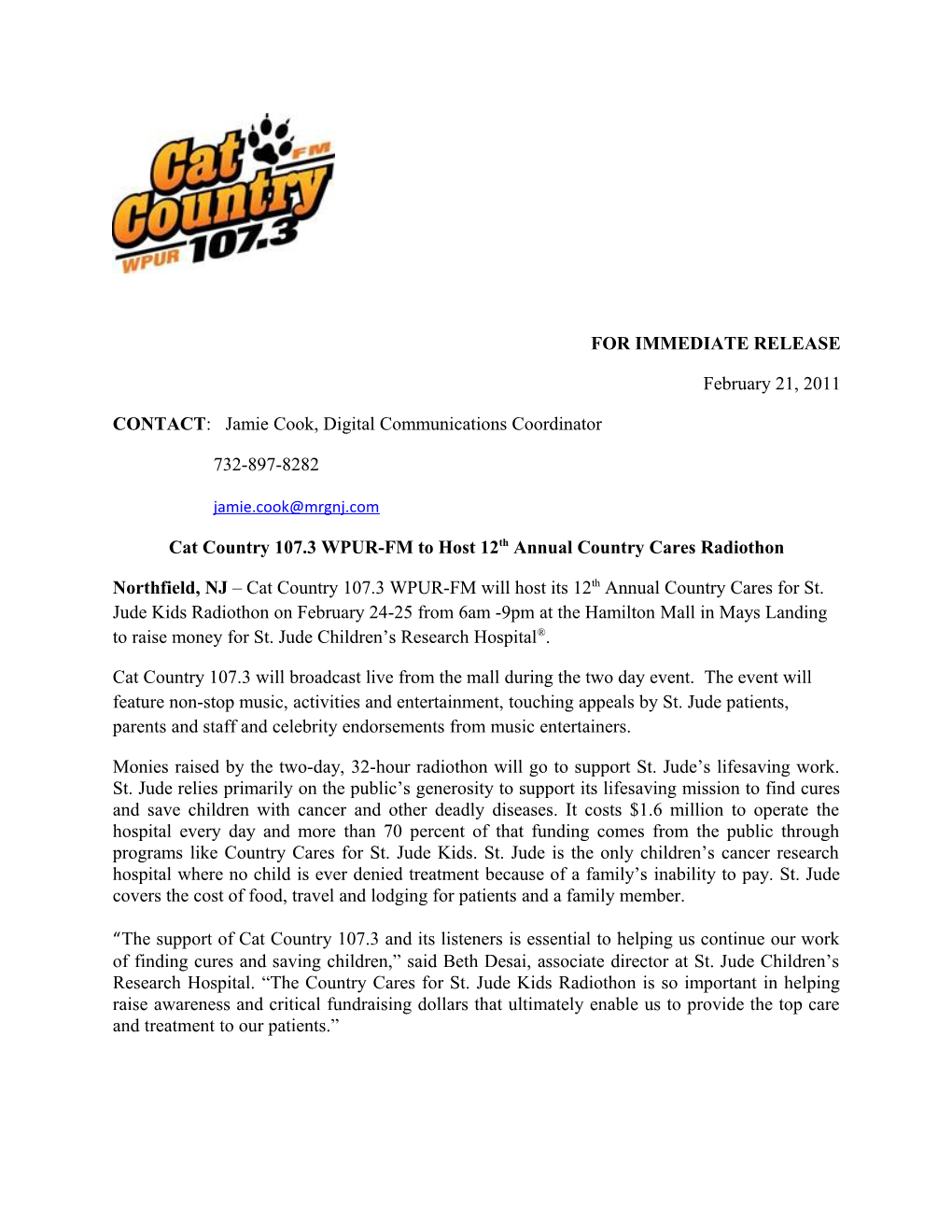 Cat Country 107.3 WPUR-FM to Host 12Th Annual Country Cares Radiothon