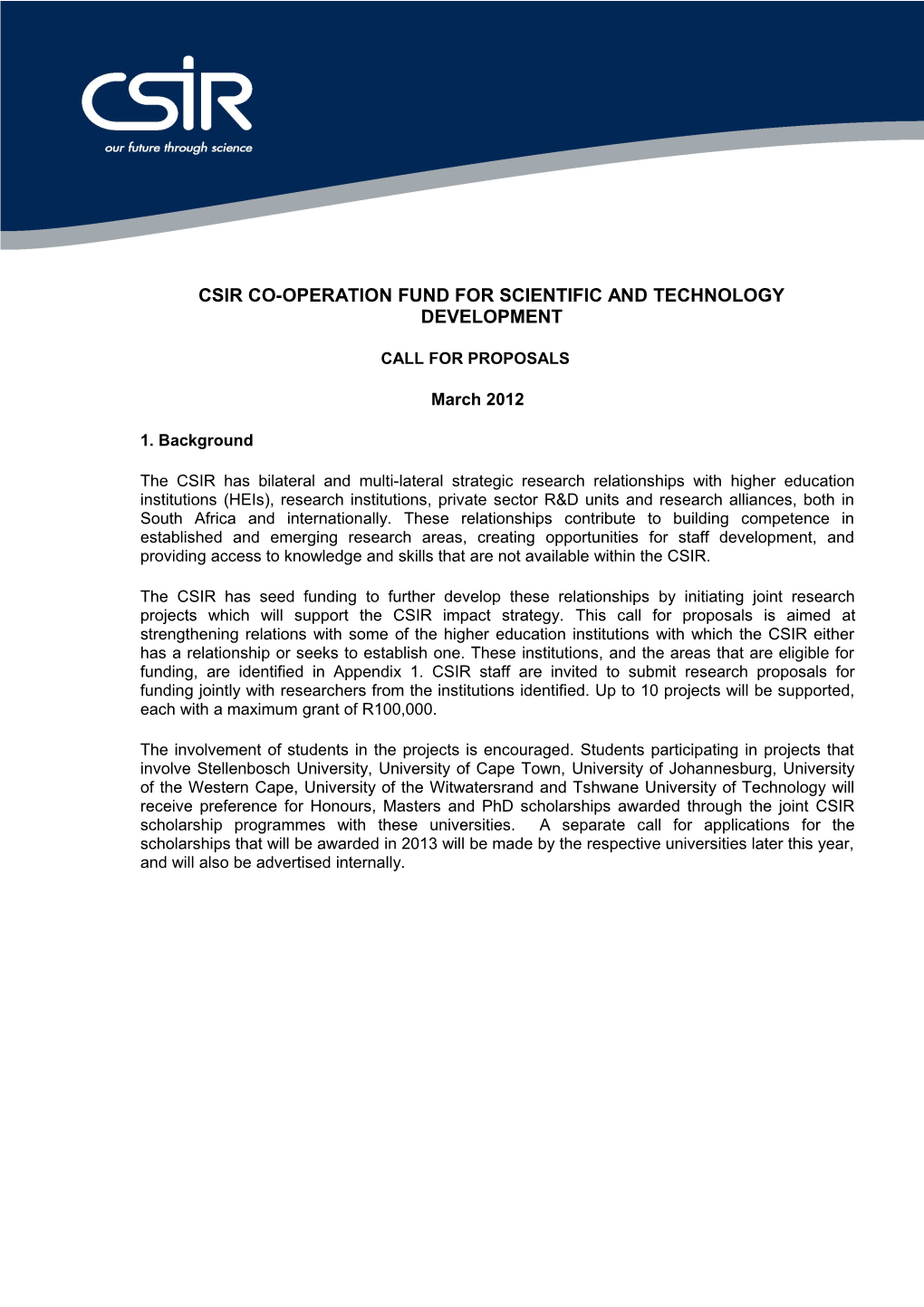 Csir Co-Operation Fund for Scientific and Technology Development