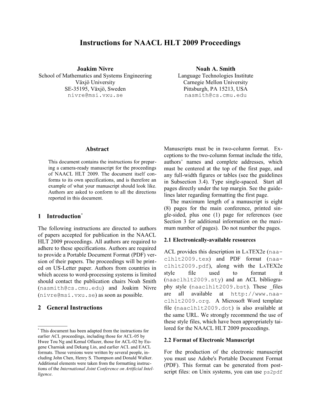 Instructions for NAACL HLT 2009 Proceedings