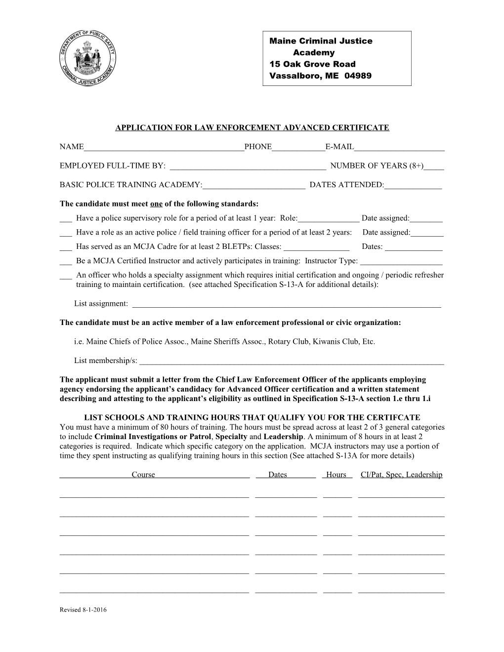 Application for Law Enforcement Advanced Certificate