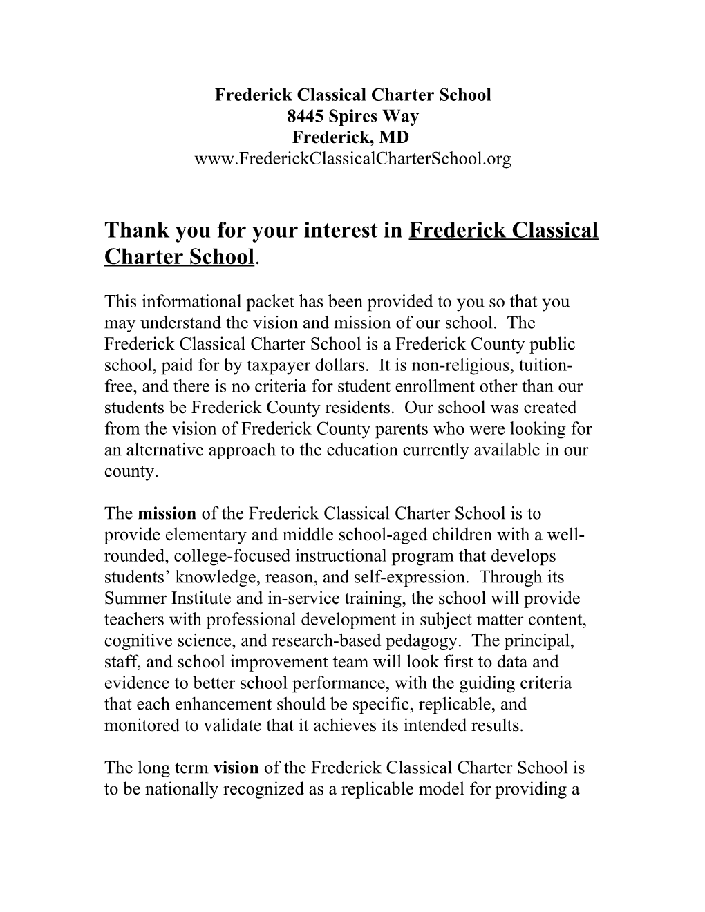Thank You for Your Interest in Frederick Classical Charter School