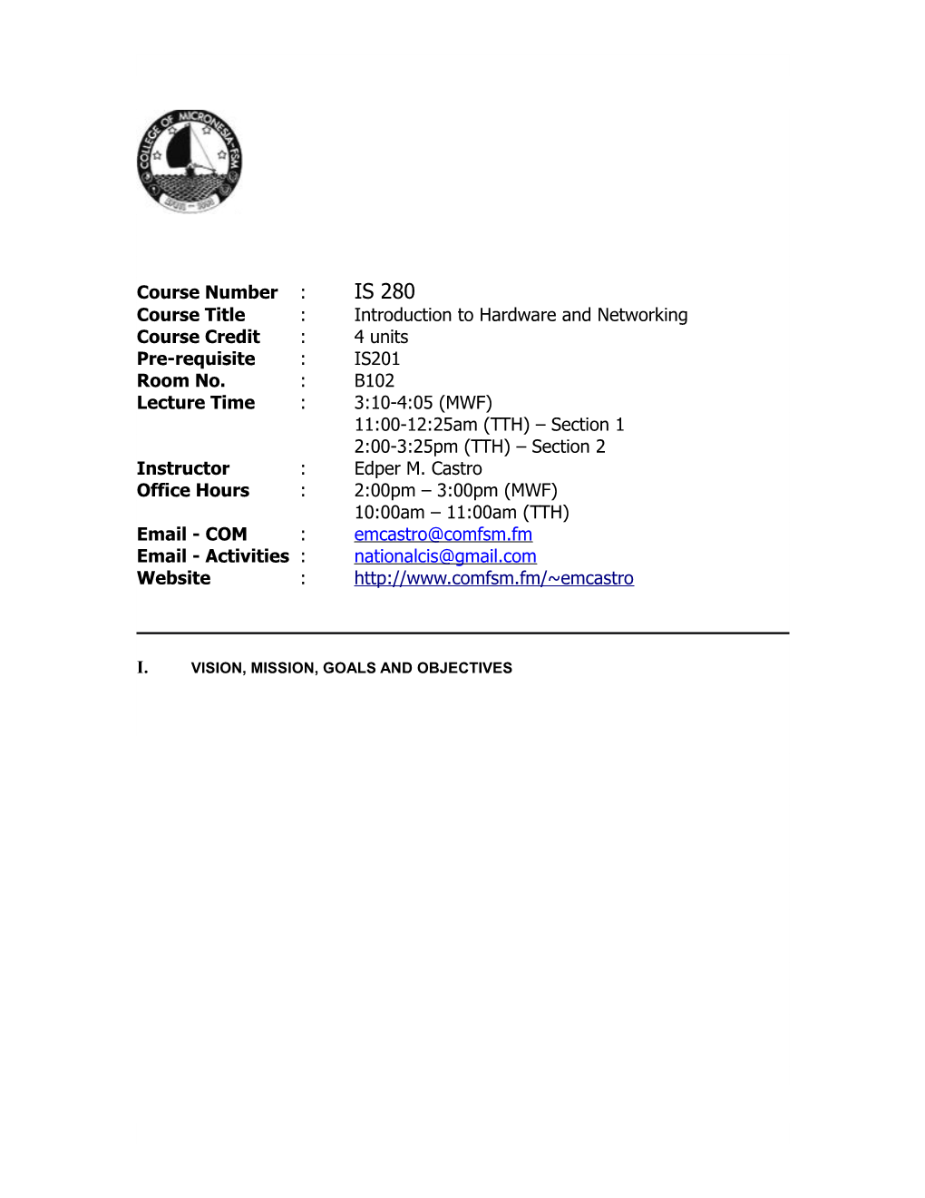 Course Title:Introduction to Hardware and Networking