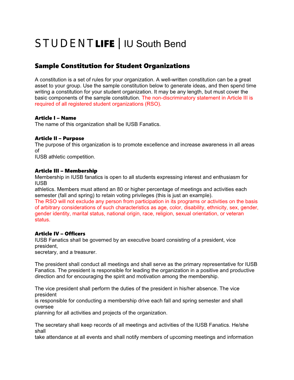 Sample Constitution for Student Organizations