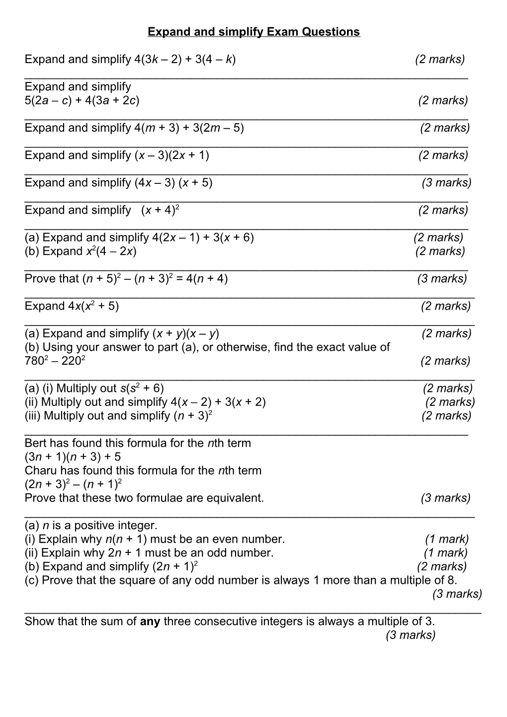 Expand and Simplify Exam Questions