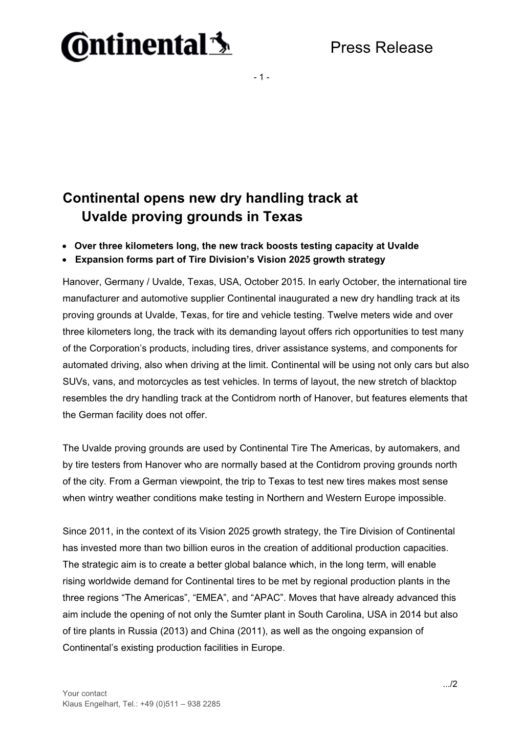 Continental Opens New Dry Handling Track at Uvalde Proving Grounds in Texas