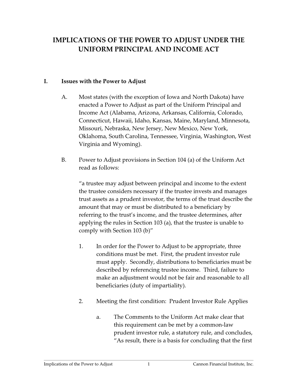 Implications of the Power to Adjust Under the Uniform Principal and Income Act