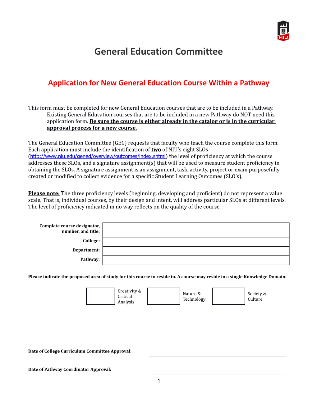 Application for New General Education Course Within a Pathway