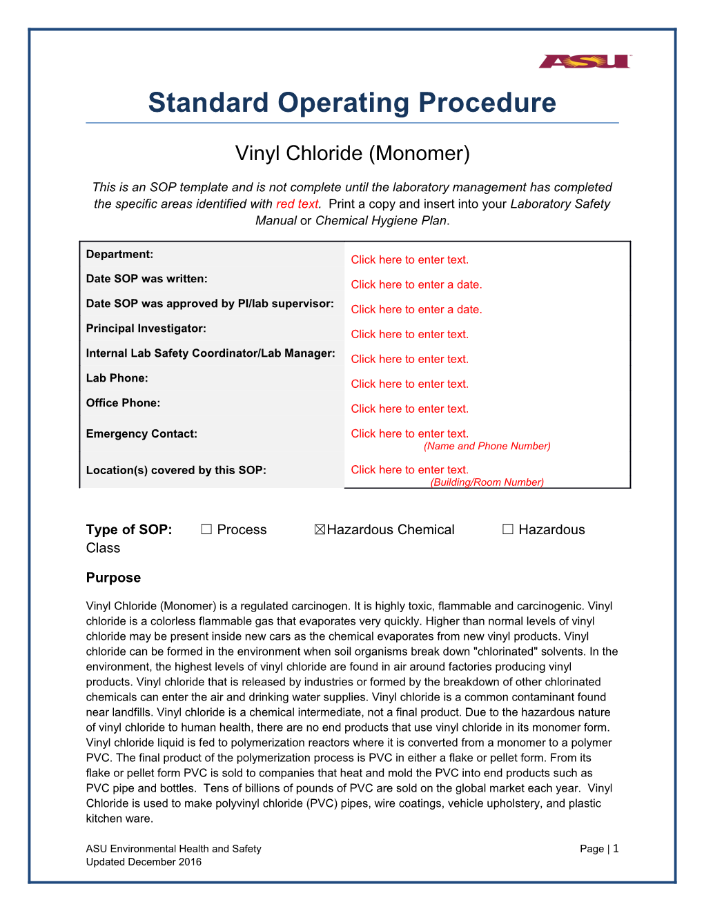 Type of SOP: Process Hazardous Chemical Hazardous Class s6
