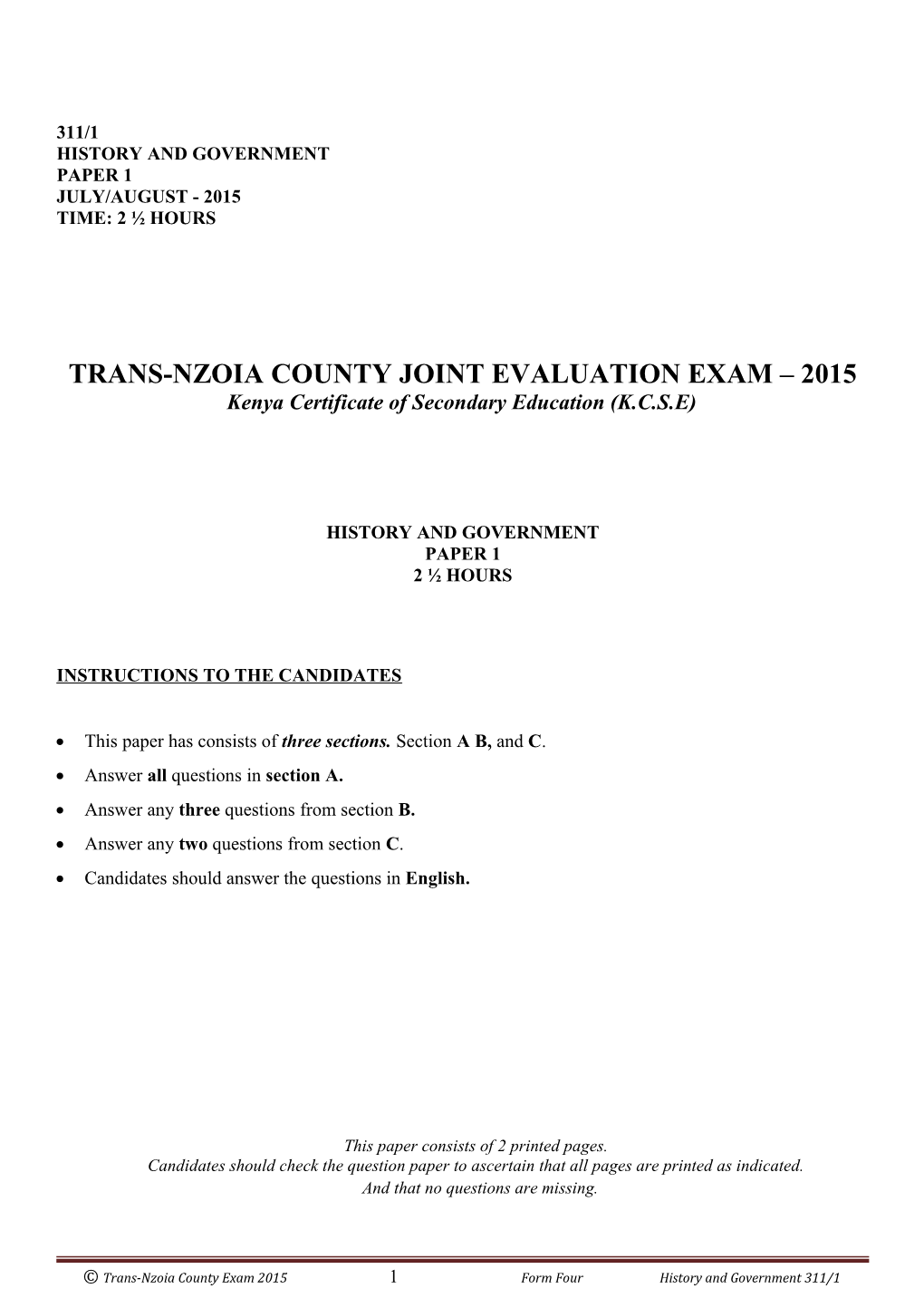 Trans-Nzoia County Joint Evaluation Exam 2015