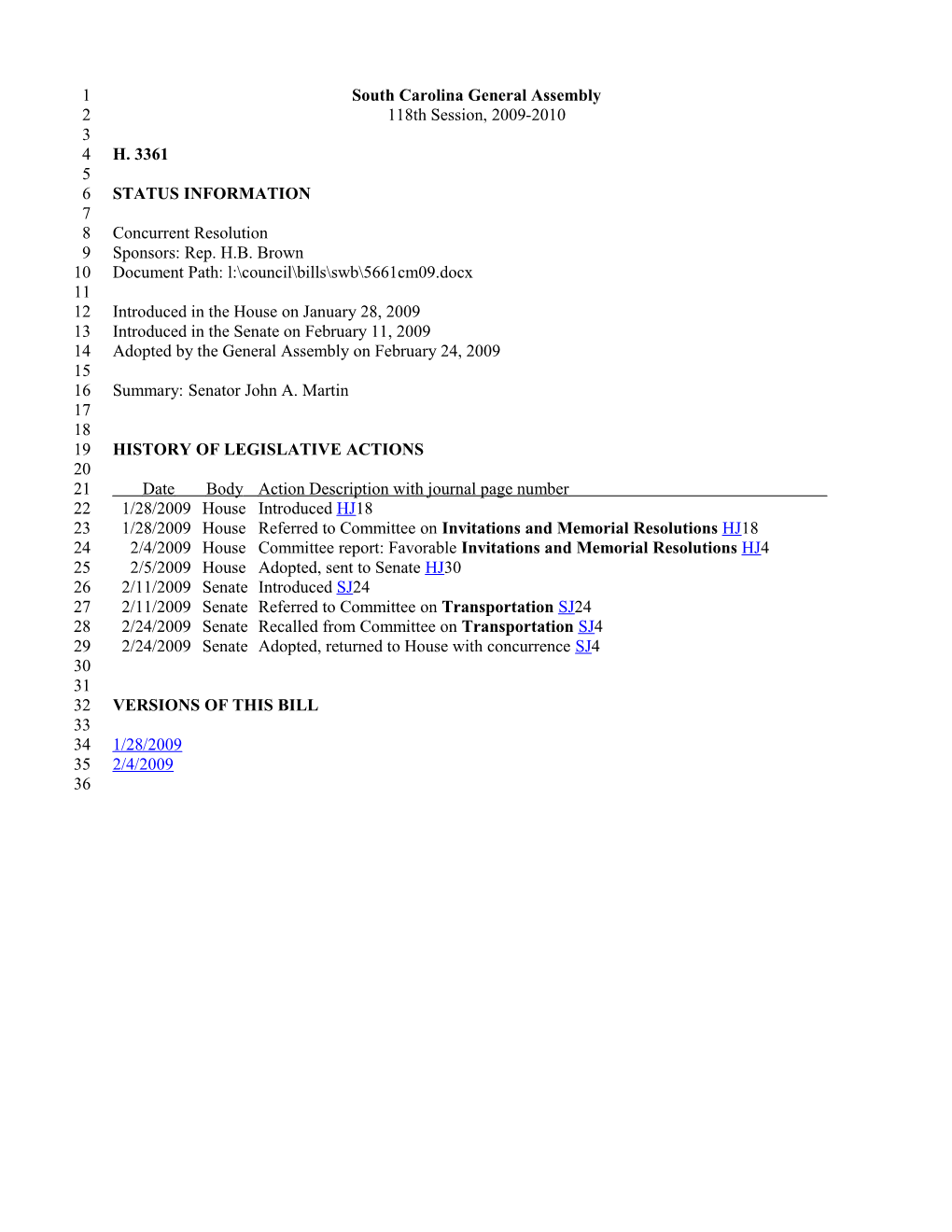 2009-2010 Bill 3361: Senator John A. Martin - South Carolina Legislature Online