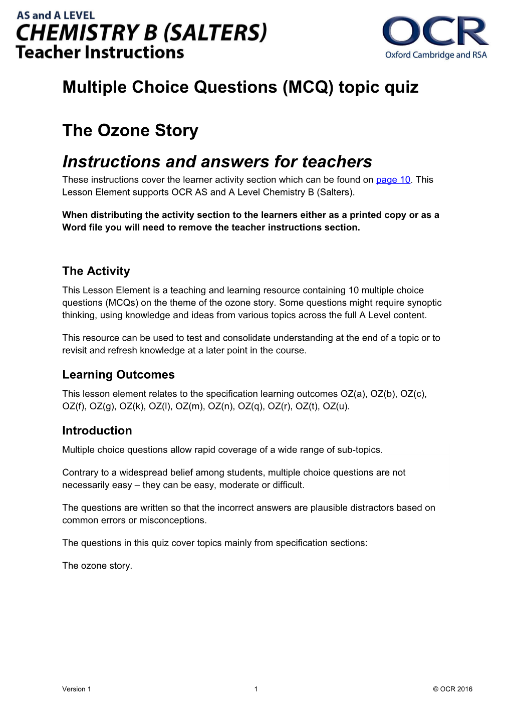 OCR AS and a Level Chemistry B Multiple Choice Questions Quiz (The Ozone Story)