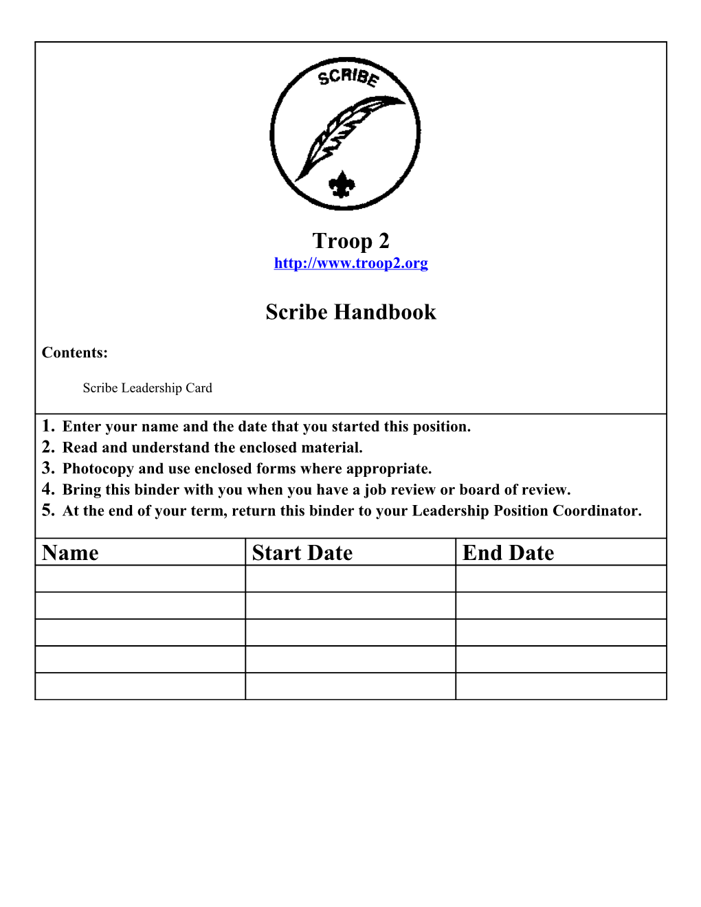 Troop 2 Scribe Handbook Contents: Scribe Leadership Card