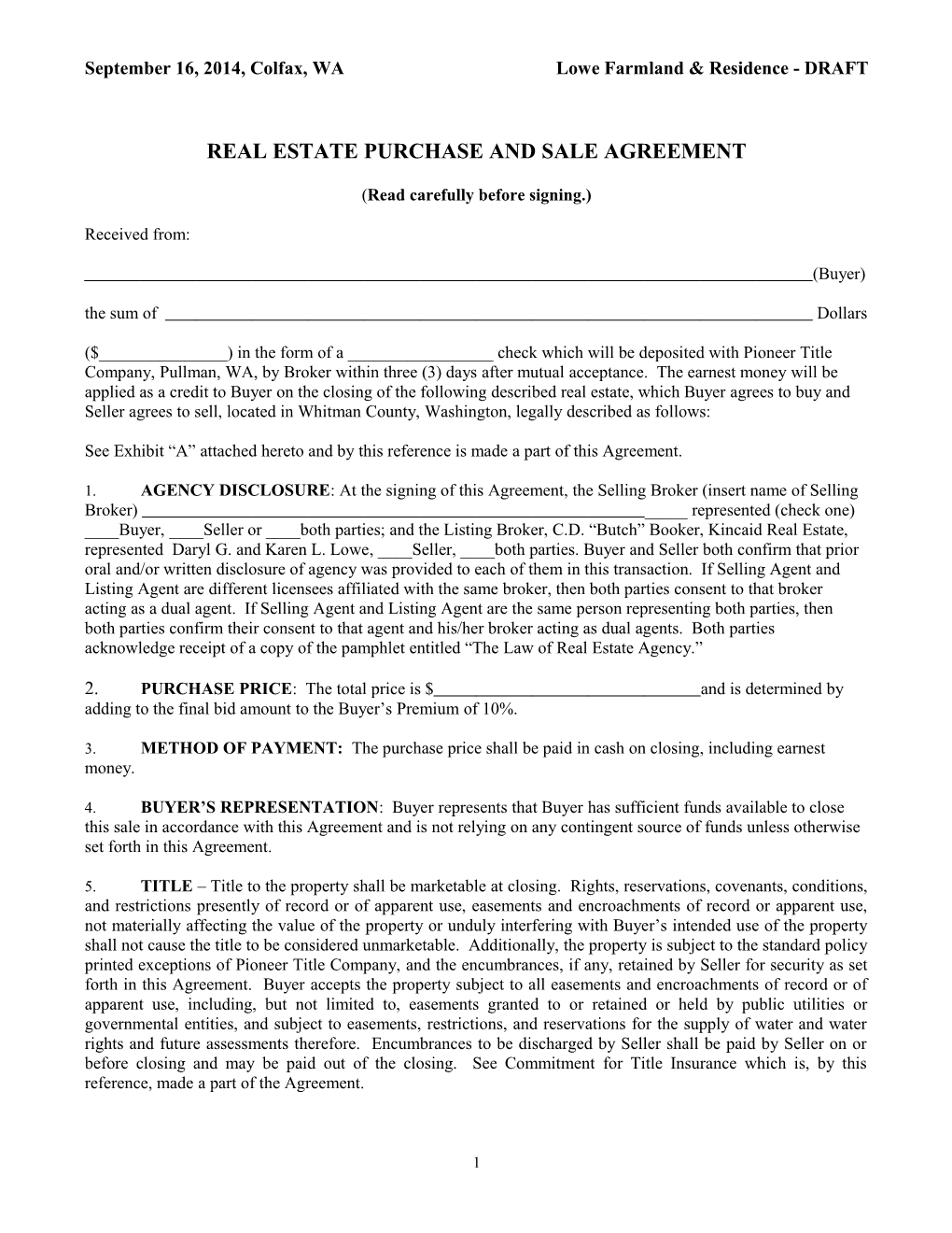 Real Estate Purchase and Sale Agreement