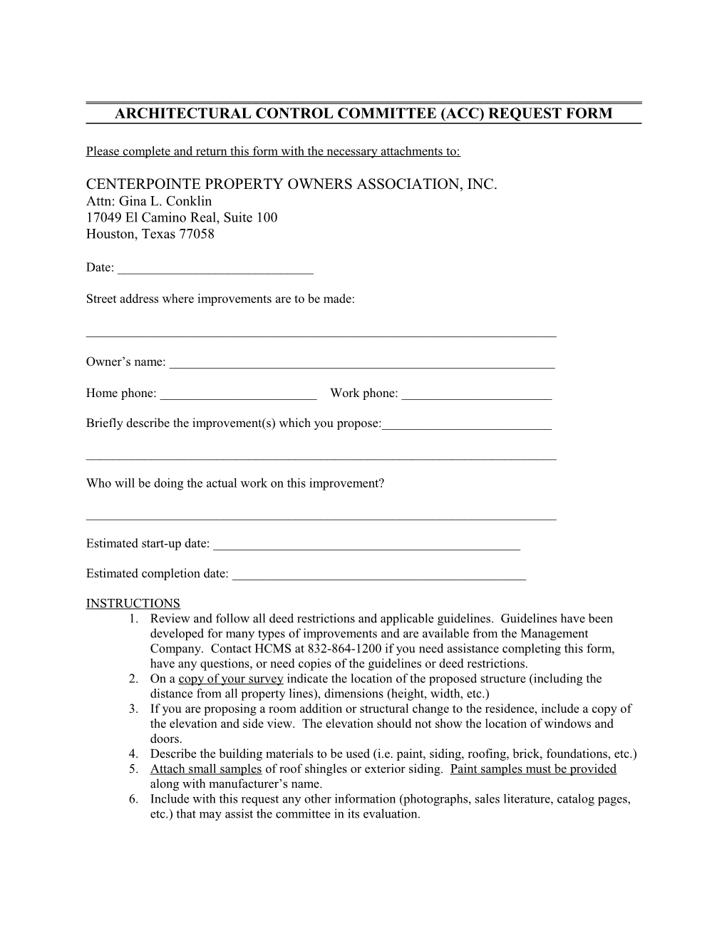 Architectural Control Committee (Acc) Request Form