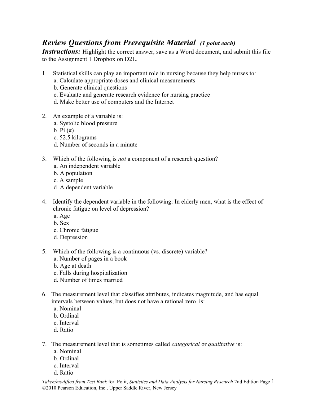 Review Questions from Prerequisite Material (1 Point Each)