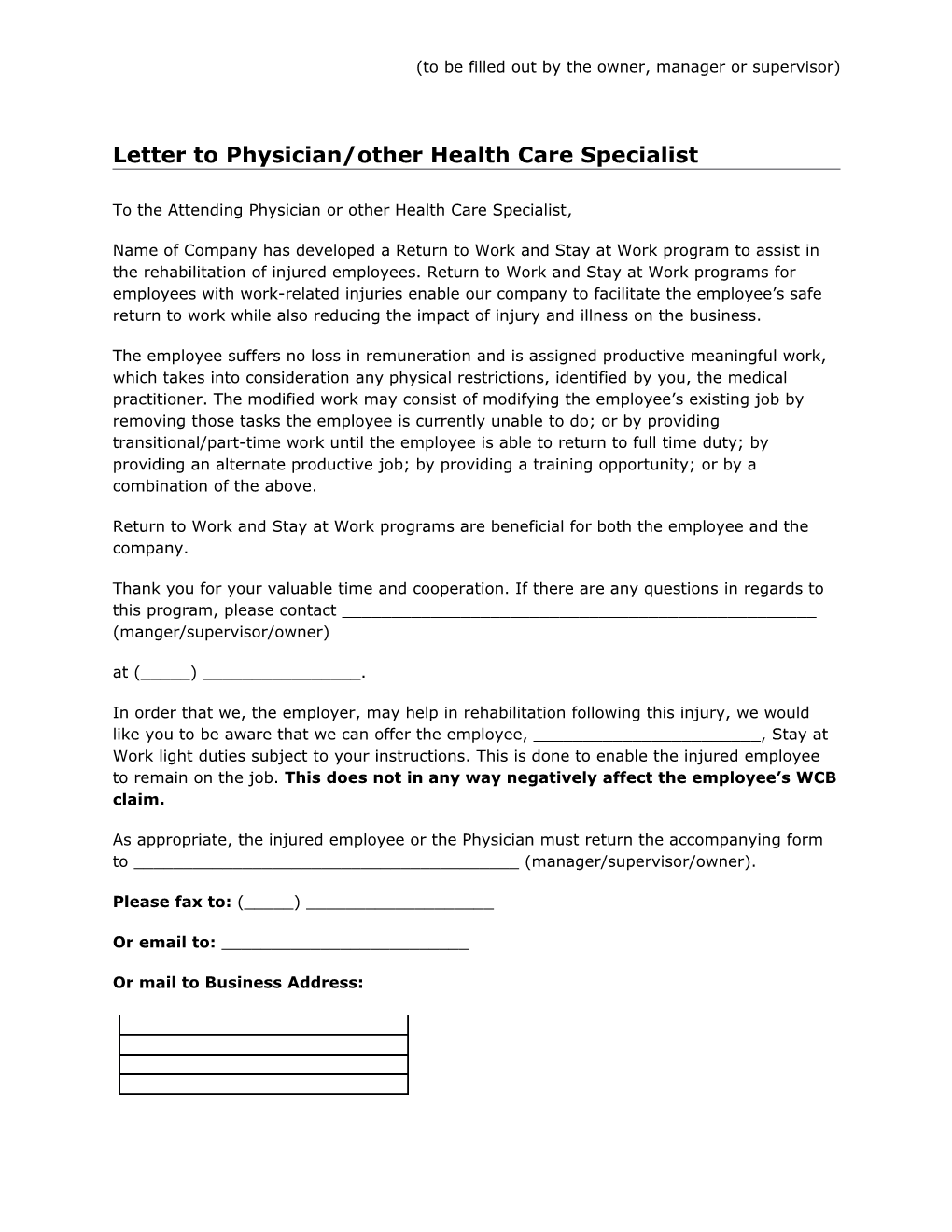Letter to Physician/Other Health Care Specialist