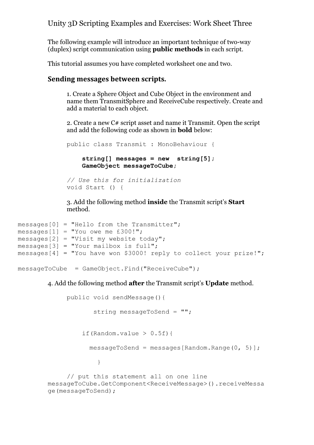 Unity 3D Scripting Examples and Exercises: Work Sheet Three