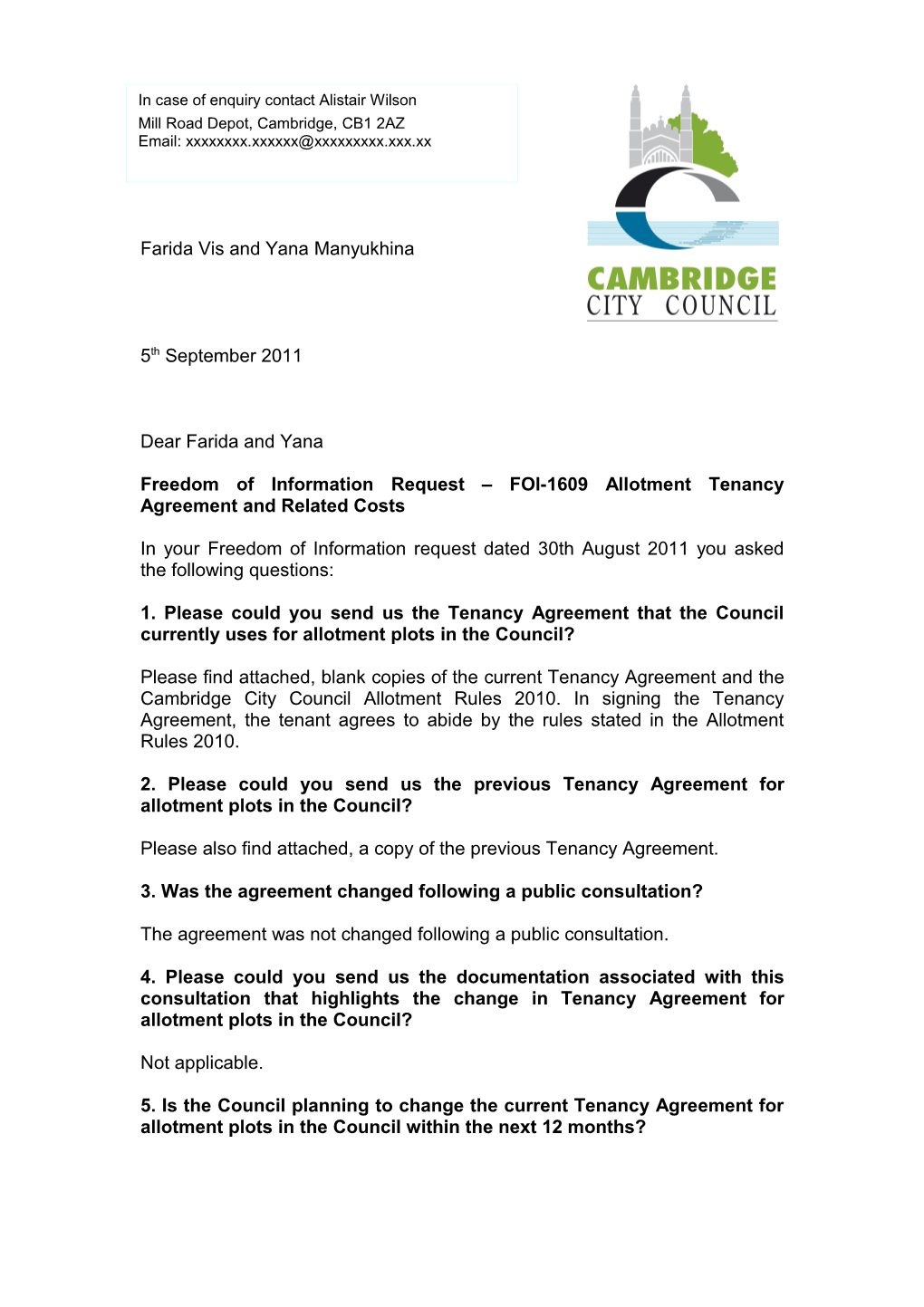 Freedom of Information Request FOI-1609 Allotment Tenancy Agreement and Related Costs