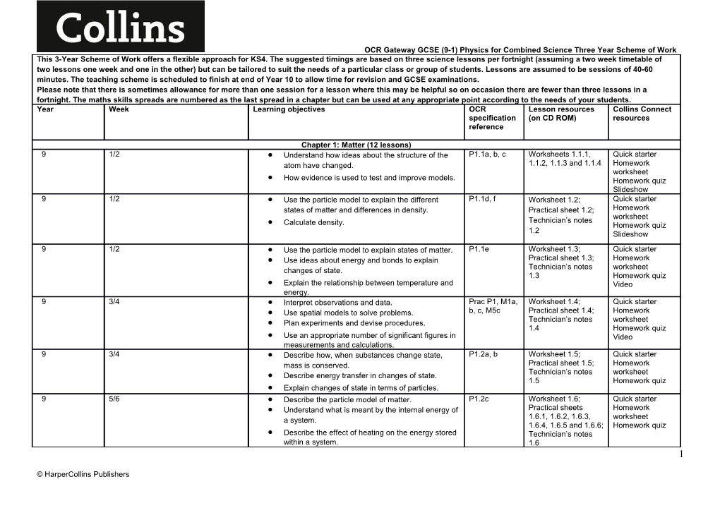 OCR Gateway GCSE (9-1) Physics for Combined Sciencethree Year Scheme of Work