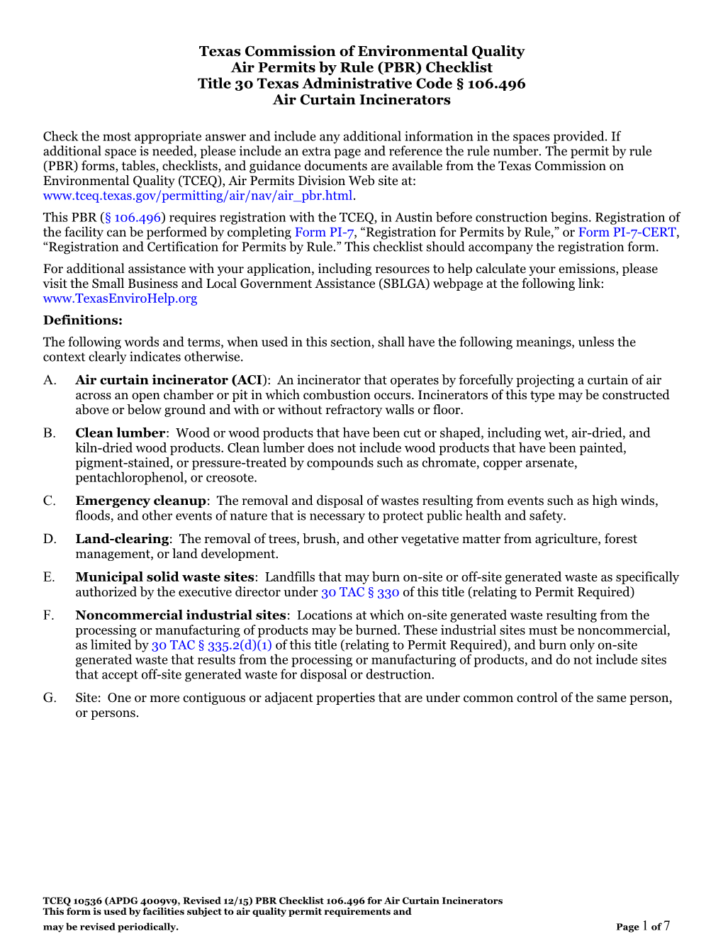 TCEQ- Air Permits by Rule (PBR) Checklist Title 30 Texas Administrative Code 106.496Air