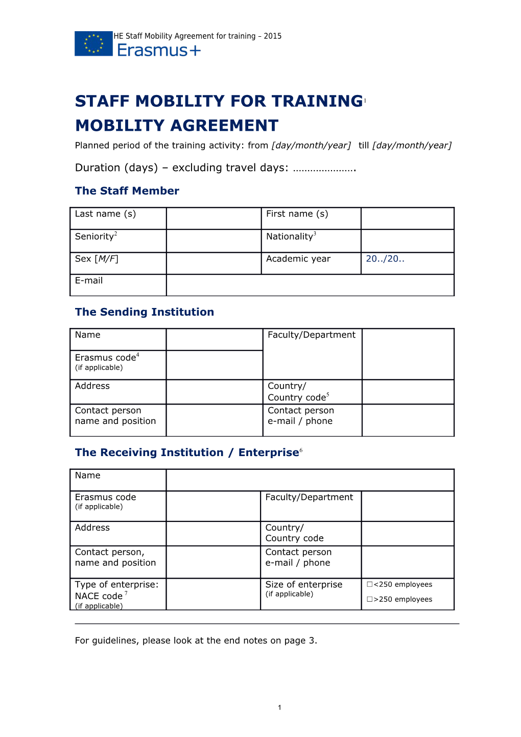 Erasmus+ HE Staff Mobility Agreement for Training 2015