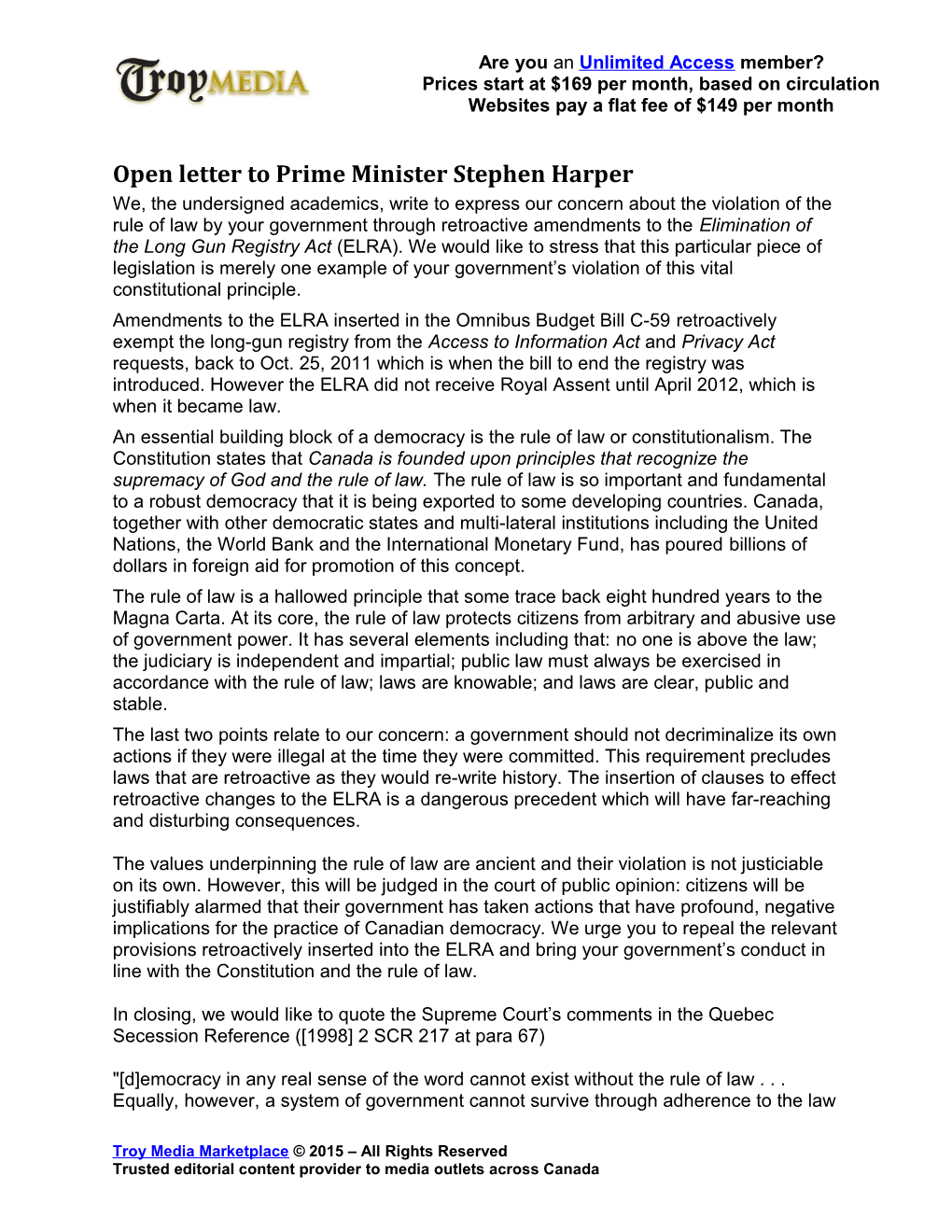 Open Letter to Prime Minister Stephen Harper