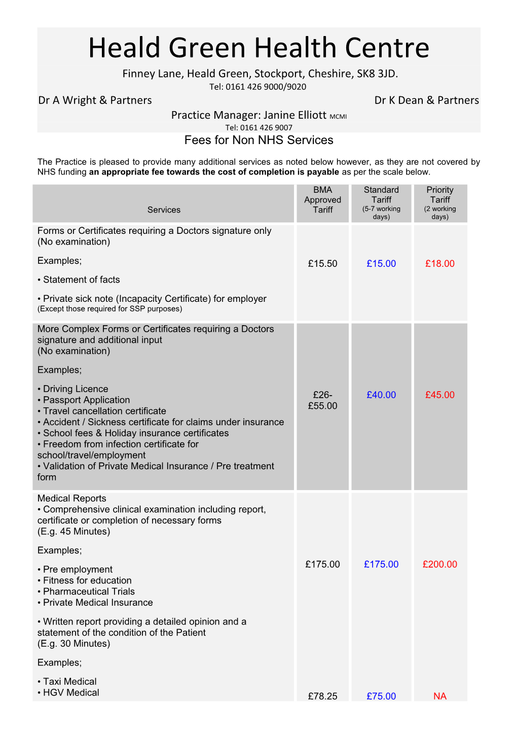 Fees for Non NHS Services s1