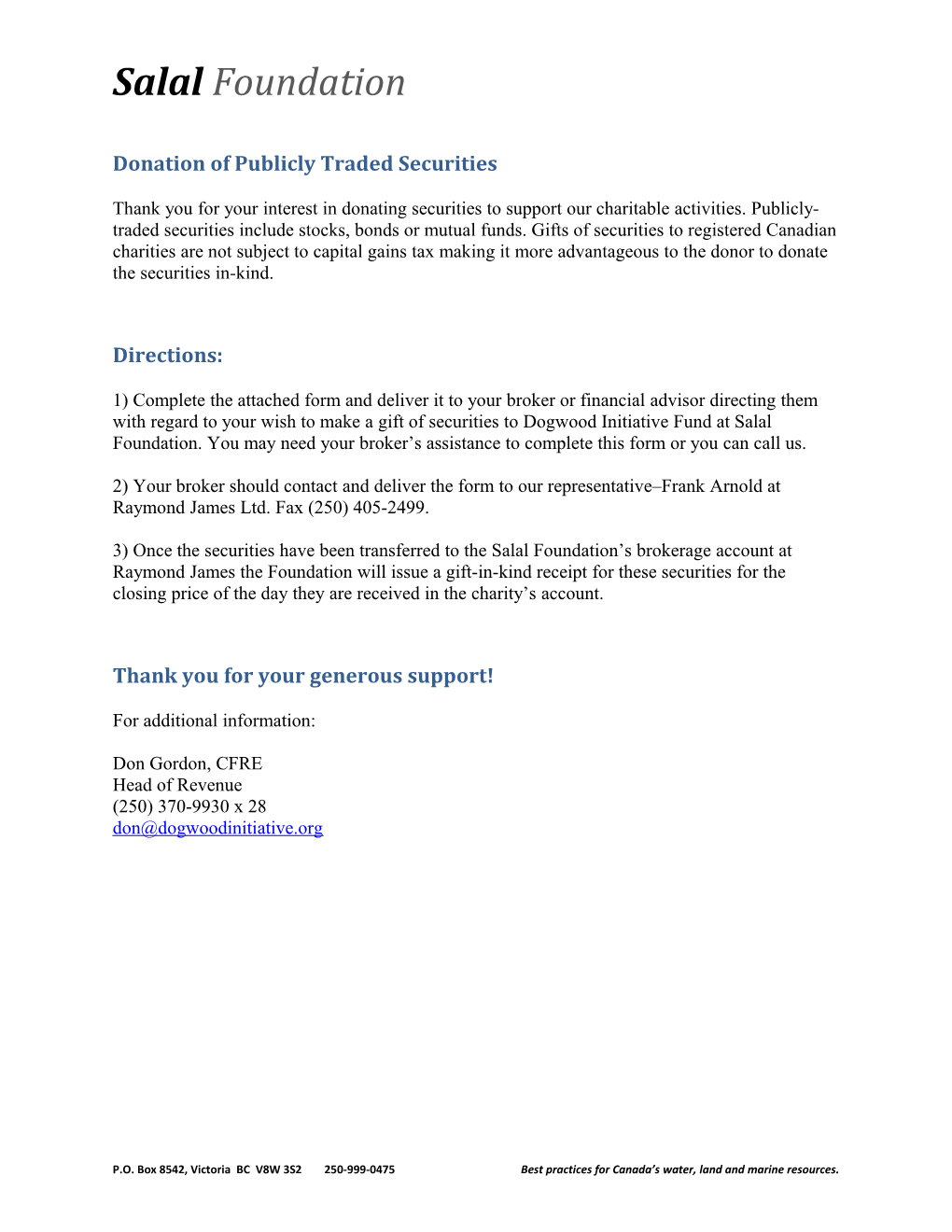 Donation of Publicly Traded Securities