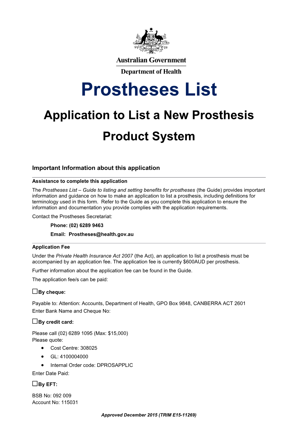 Application to List a New Prosthesis