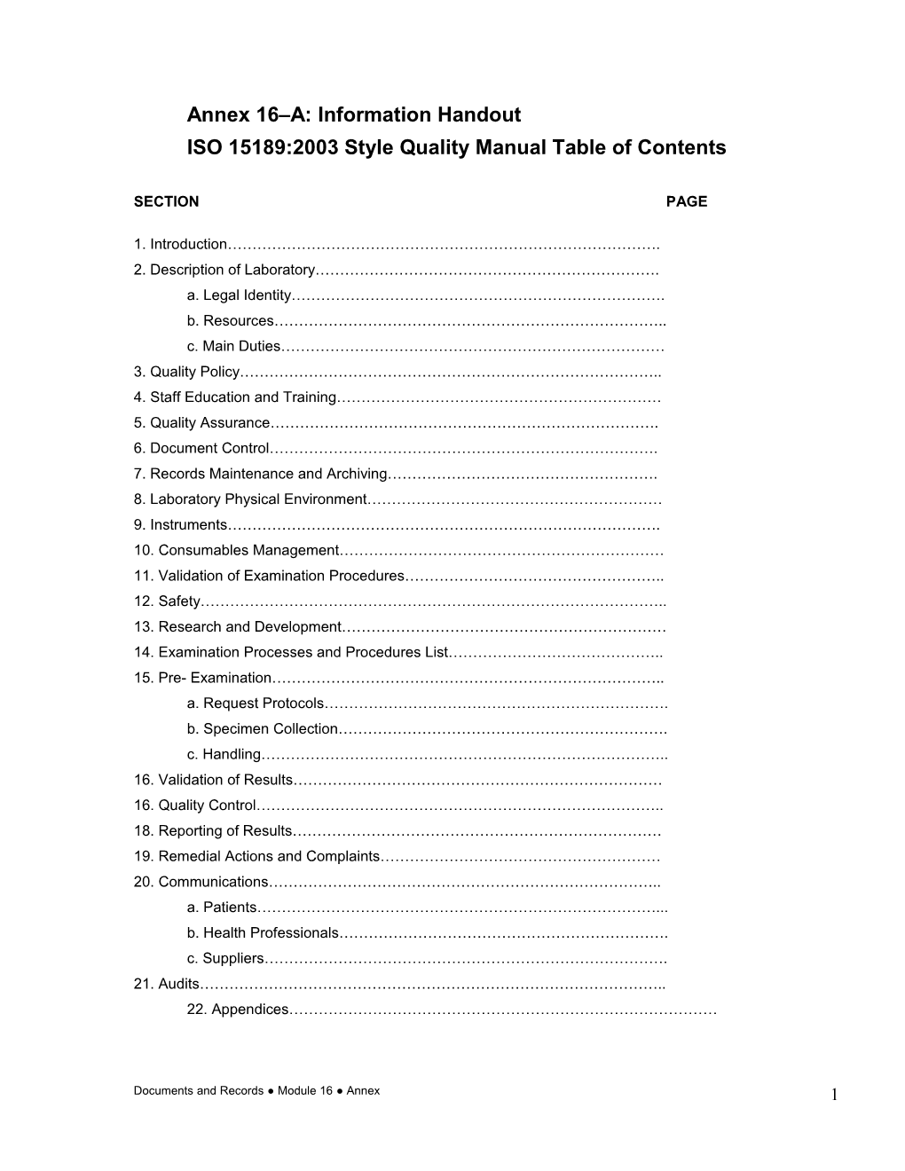 ISO 15189:2003 Style Quality Manual Table of Contents