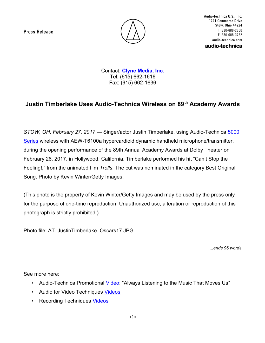 Justin Timberlake Uses Audio-Technica Wireless on 89Th Academy Awards