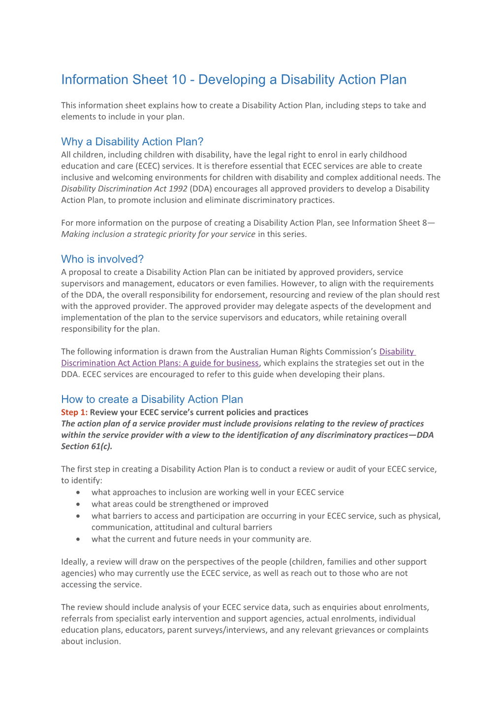 Information Sheet 10 - Developing a Disability Action Plan
