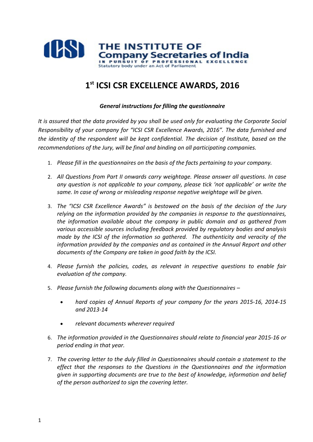 1St ICSI CSR Excellence Awards, 2016