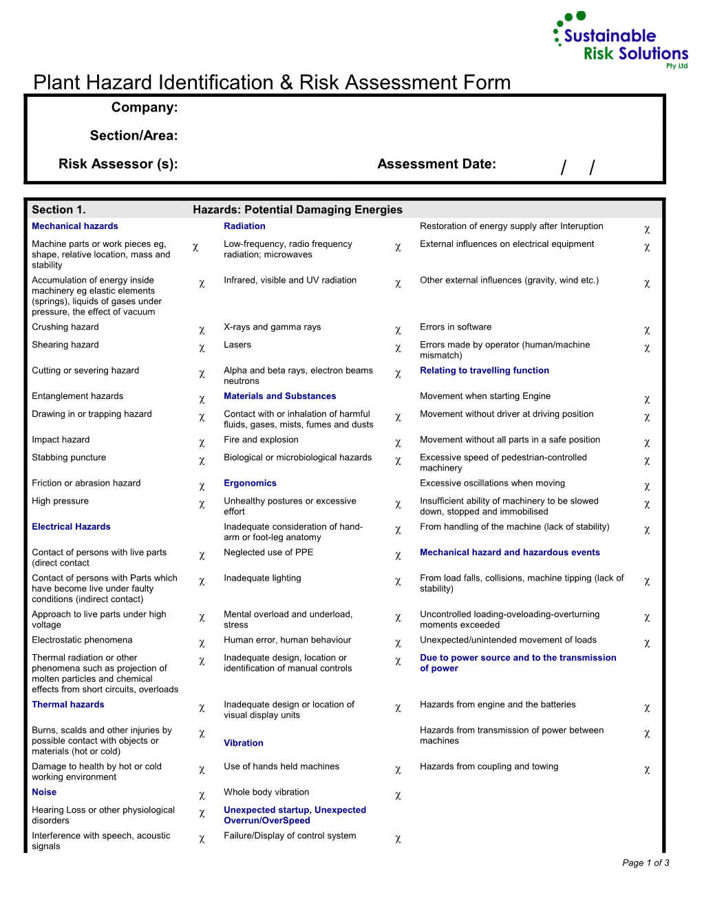 Plant Hazard Identification & Risk Assessment Form