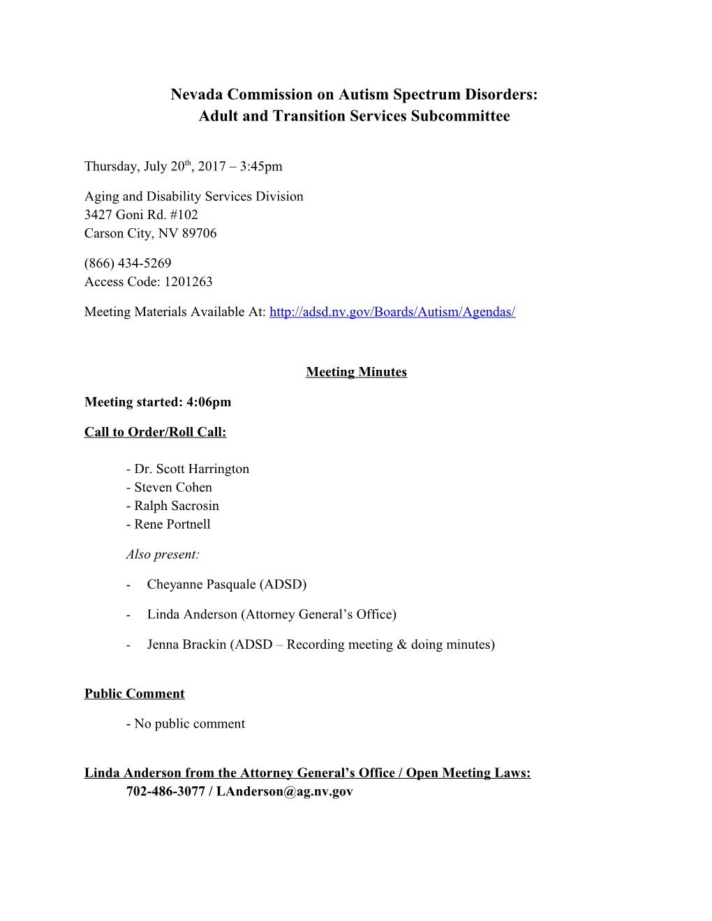 Nevada Commission on Autism Spectrum Disorders: Adult and Transition Services Subcommittee