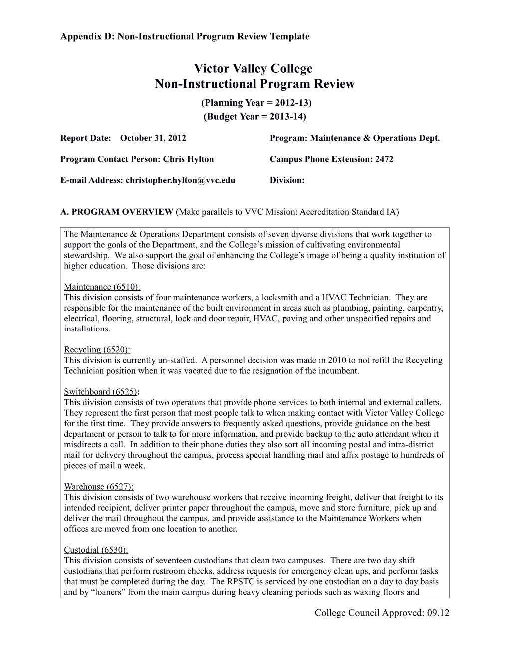 Appendix D: Non-Instructional Program Review Template